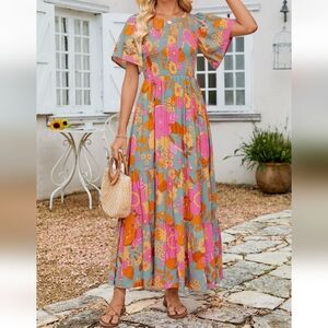 Elegant Floral Maxi Dress in Orange and Pink